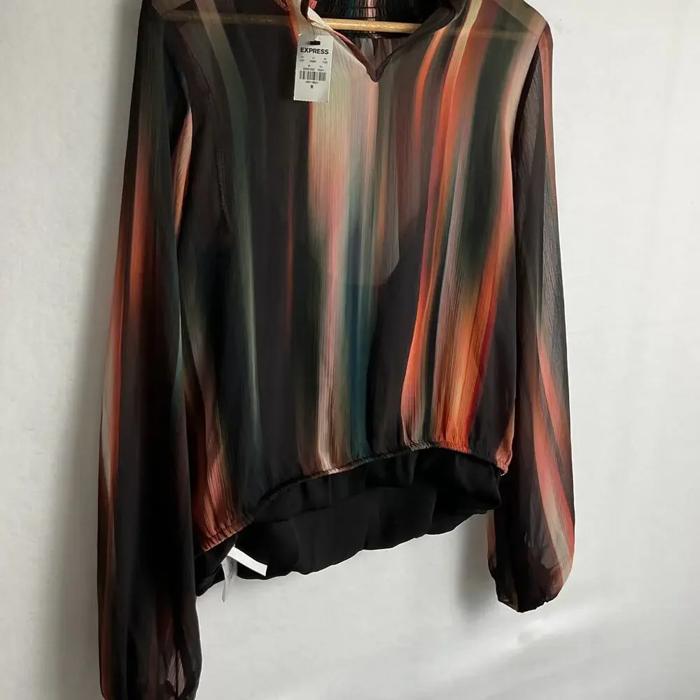 Express Multi Colored Striped sheer Blouse Built in cami Womens M NWT